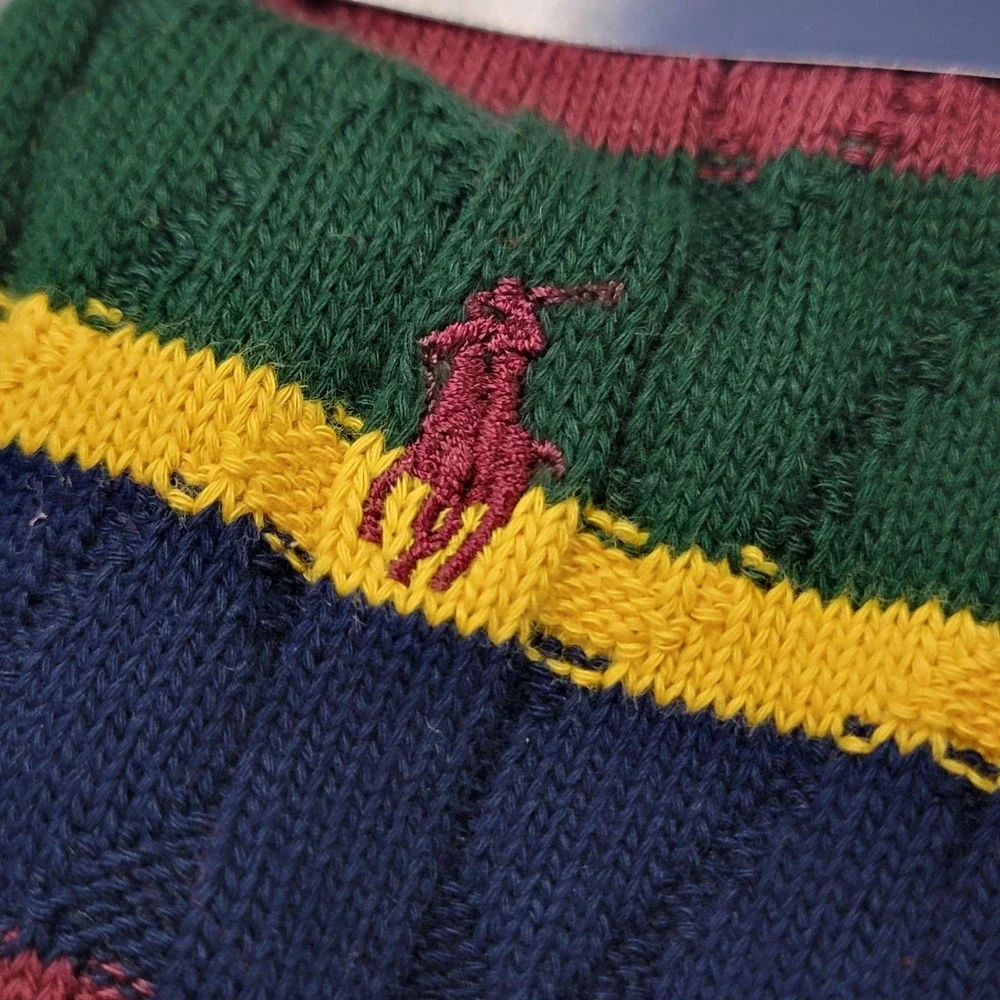 Polo Ralph Lauren Socks Mens 10-13 Green Rugby Stripe Pony Cable Knit Mid Calf